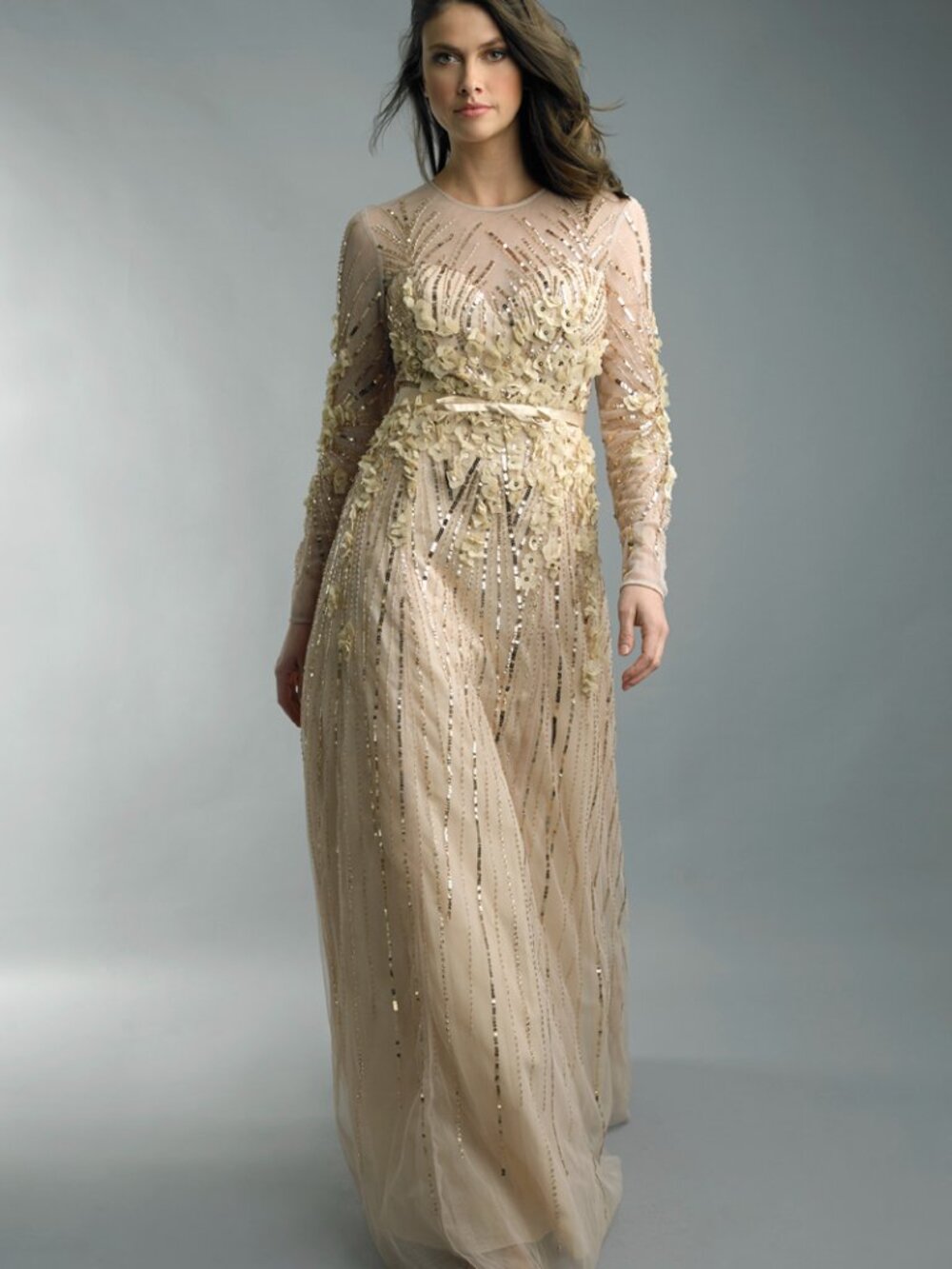 D6031L Beaded Linear Cascading Long-Sleeve Gown - Champagne